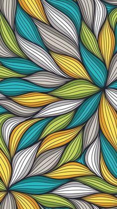 an abstract pattern made up of different colors and shapes on a gray background with yellow, blue