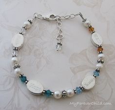 Mother's Bracelet with freshwater pearls, personalized engraved sterling silver beads, Swarovski crystals, adjustable chain. Order by April 30th for Mother's Day delivery  | by My Forever Child #myforeverchild White Freshwater Pearl, Silver Accents, Sterling Silver Bead, Jewelry Ideas