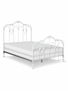 a white metal bed frame with headboard and foot board on an isolated white background