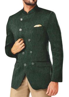 Mandarin collar 5 button jodhpuri jacket made from dark green color jacquard polyester fabric. Pant is only shown for Modelling purpose and it not included in the cost. Made in India. Dryclean only. Designer Green Nehru Jacket For Festive Season, Designer Green Nehru Jacket For Festive, Traditional Green Bandhgala With Stand Collar, Green Nehru Jacket With Stand Collar For Festive Occasions, Festive Green Semi-formal Bandhgala, Designer Nehru Jacket For Semi-formal Occasions, Green Winter Wedding Blazer, Winter Wedding Green Blazer, Festive Green Nehru Jacket With Stand Collar