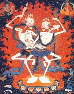 two skeletons dancing in front of an orange and blue background with other skeleton images on it