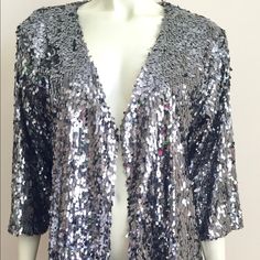 Gorgeous Gunmetal Silver Jacket Embellished With Paillette Sequins And 3/4” Sleeve. Metallic Sequined Outerwear For Formal Occasions, Metallic Sequined Outerwear For Formal Events, Winter Silver Sequined Outerwear, Silver Sequined Winter Outerwear, Silver Sequined Outerwear For Winter, Silver Sequined Outerwear For Fall, Silver Sequined Outerwear For Evening, Silver Sequined Evening Outerwear, Silver Party Outerwear