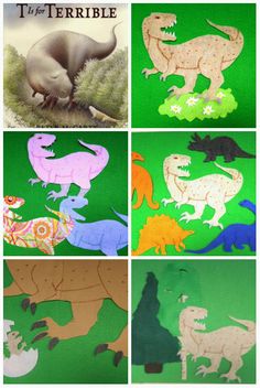 four different pictures of dinosaurs with the words t is for terrible