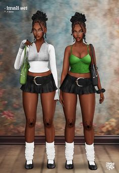 two black women wearing short skirts and green bra tops, one is holding a handbag