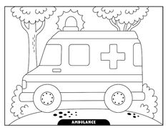 a coloring page with an ambulance and trees