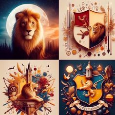 four different logos with lions and other animals on them, all designed in the same style