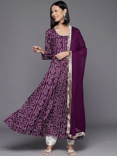 Violet Cotton Bandhani Print Anarkali Kurta with Dupatta Bandhani Print Anarkali, Dori Tassels, Kurta With Dupatta, Bandhani Print, Formal Jewelry, Palazzo Suit, Anarkali Kurta, Color Violet, Cotton Dupatta