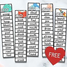 three printable bookmarks with words and pictures on them, one has a red heart