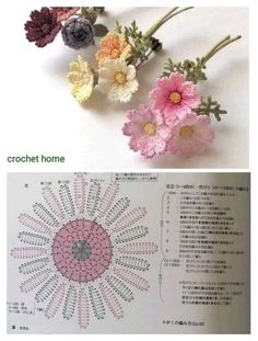 crochet flowers are shown in two different pictures, one is pink and the other is white