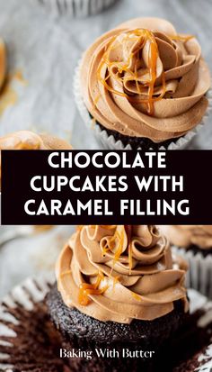 two chocolate cupcakes with caramel filling on top and the title overlay reads, chocolate cupcakes with caramel filling