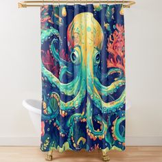 an octopus shower curtain with bright colors on it