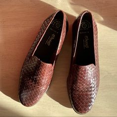 Leather Woven Loafers. New Without Tags. Women Size 10, Narrow Fit. Leather Almond Toe Flats With Woven Sole, Vintage Flat Loafers For Fall, Leather Flats With Woven Sole And Round Toe, Retro Leather Loafers With Flat Heel, Classic Closed Toe Loafers With Woven Sole, Leather Flat Slip-ons With Woven Sole, Leather Flats With Woven Sole For Fall, Brown Pointed Toe Flats With Woven Sole, Retro Leather Slip-on Shoes