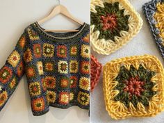 crocheted sweaters and square shaped dishcloths are shown in three different colors