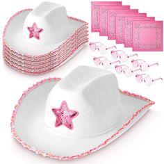 PRICES MAY VARY. You Will Get: you will receive 6 pink star white cowgirl hats, 6 heart rimless glasses, 6 paisley headscarves, sufficient quantity can be shared with friend at the party, which are very suitable for daily matching and party with costume Heart Rimless Glasses: these heart shaped sunglasses are made of resin, material and lightweight, not easy to get fade, transparent material will not block your sight line; The glasses are lightweight which bring no burden to your face, suitable Star Cowboy Hat, Kids Party Dress, Birthday Party Accessories, Felt Cowboy Hats, Heart Glasses, Pink Cowgirl, Kids Party Dresses, Crown Tiara, Cowgirl Hat