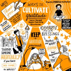 an orange and white poster with words on it that say, ways to cultivate gratitude