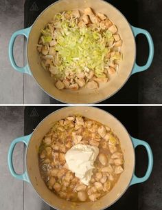 two pictures showing the same process of making chicken and cabbage stew