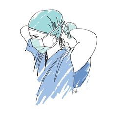 a drawing of a person wearing a surgical mask