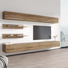 a modern living room with white walls and wooden furniture, overlooking the cityscape