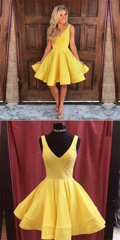 Promotion Dresses, Short Graduation Dresses, Dresses Yellow, Satin Homecoming Dress, Cheap Homecoming Dresses, Dresses Cheap, Short Homecoming Dress, Grad Dresses, Dress Satin