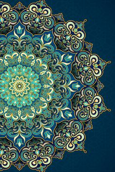 an ornate blue and gold design on a dark background