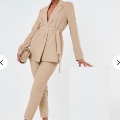 Missguided Stone/ Nude Coord Blazer And Pants New With Tag Beige Fall Workwear Pantsuit, Fall Beige Pantsuit For Workwear, Beige Fall Pantsuit For Work, Beige Long Sleeve Pantsuit For Fall, Fitted Pants With Belted Cuffs For Spring, Spring Fitted Pants With Belted Cuffs, Office Pants With Belted Cuffs For Fall, Fall Office Pants With Belted Cuffs, Fall Workwear Pants With Belted Cuffs