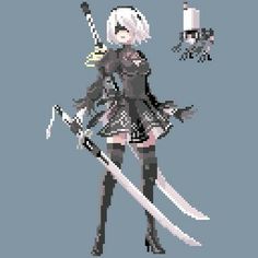 a pixel art image of a woman holding two swords