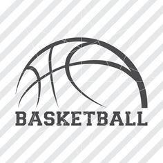 a basketball ball with the word basketball on it in black and grey colors, against a striped background