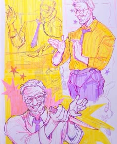 a drawing of two men in front of a yellow wall with stars on it and one man holding a pair of scissors