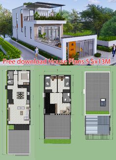 two story house plan with 3 bedroom and 2 bathrooms in the front, three floors on each