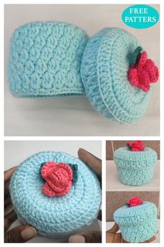 there is a crocheted hat with a flower on top and a cupcake in the middle