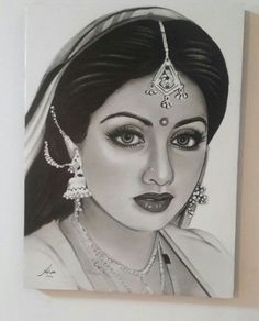 a pencil drawing of a woman with jewelry on her head and eyes, in black and white