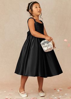 Flower Girl Black Dress, Black And White Flower Girl Dress, Flower Girl Dresses Black, Black Junior Bridesmaid Dress, Satin Flower Girl Dresses, Black Flower Girl Dress, Tea Length Flower Girl Dress, Fun Walk, Girls Attire