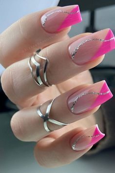 nail art Pink Tip Nails, Pink French Nails, French Tip Nail Designs, Pink Manicure, Silver Nail, Work Nails, Diy Spring, Short Acrylic Nails Designs