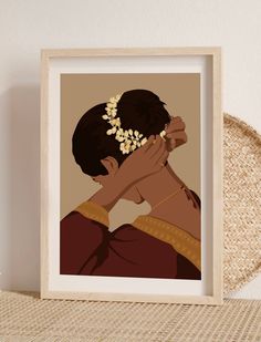 a woman with a flower in her hair is shown on a shelf next to a basket