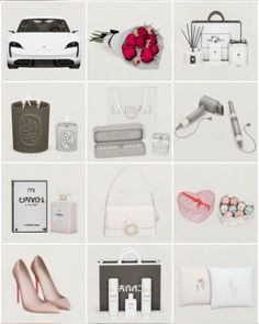 many different types of items are arranged in this collage, including shoes, handbags and perfumes