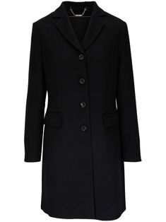 black cashmere notched lapels front button fastening long sleeves split cuffs two side flap pockets thigh-length central rear vent silk lining straight hem Elegant Long Wool Coat With Concealed Placket, Elegant Long Wool Coat With Hidden Buttons, Elegant Long Wool Coat, Elegant Long Sleeve Wool Coat For Business, Luxury Wool Coat With Notch Lapel For Business, Elegant Wool Coat With Concealed Placket, Classic Wool Coat For Business, Elegant Black Wool Coat With Concealed Placket, Elegant Tailored Single Breasted Wool Coat