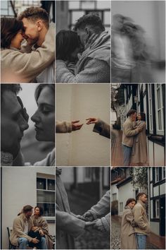 a collage of photos with people holding each other in their arms and touching noses