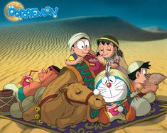 cartoon characters sitting on top of a rug in the desert with an animal and other people