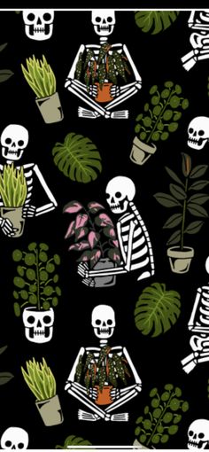 a black background with white skulls and potted plants on it, one is holding a plant