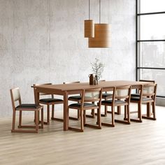 a dining room table and chairs in front of a large window