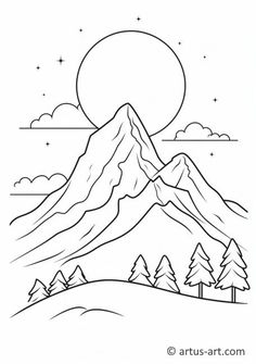 a mountain landscape with trees and the sun in the sky coloring pages for kids, printable