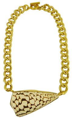 OCEANIA SHELL NECKLACE | L E N A B E R N A R Gold Rectangular Curb Chain Necklace, Gold Medallion Necklace With Toggle Clasp, Gold-tone Chain Link Brass Necklaces, Gold Rectangular Jewelry With Toggle Clasp, Adjustable Gold Necklace With Curb Chain, Adjustable Gold Curb Chain Necklace, Gold Necklace With Adjustable Rectangular Links, Gold-tone Brass Toggle Necklace With Adjustable Chain, Adjustable Gold Necklace With Chunky Chain