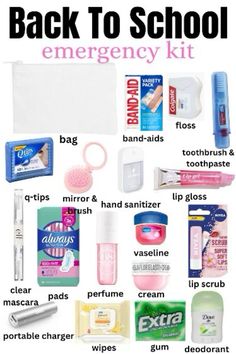 the back to school emergency kit is shown with all its contents labeled in pink and white