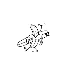 a black and white drawing of a banana flying through the air with its mouth open