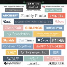 a family photo is shown with the words in different colors and font, including an image of