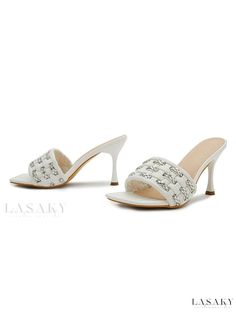 Lasaky - Elegant Womens Rhinestone-Embellished Woven Mule Heel Sandals Elegant Rhinestone Synthetic Sandals, Luxury Rhinestone Synthetic Heels, Open Toe Heels With Rhinestone Rivets For Evening, Luxury Rhinestone Sandals For Spring, Spring Event Sandals With Rhinestones, Elegant Embellished Synthetic Sandals, Event Sandals With Rhinestones And Round Toe, Summer Evening Heels With Rhinestone Rivets, Summer High Heels With Rhinestone Rivets