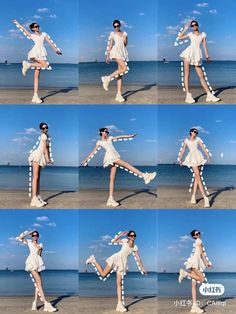 multiple pictures of a woman in white clothing doing different poses with her legs spread out