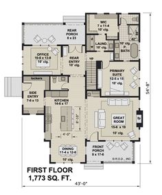 the first floor plan for a house with three bedroom and an attached living room area