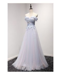 Shop cheap sky blue a-line off-the-shoulder floor-length tulle prom dress with appliques lace online. Custom-made any plus size or color. Pro since 2009. Chic Prom Dresses, Prom Dresses Simple, A Line Evening Dress, Gaun Fashion, Prom Dresses 2019, Elegant Prom Dresses, Prom Dresses For Teens, Blue Tulle, Beauty Dress