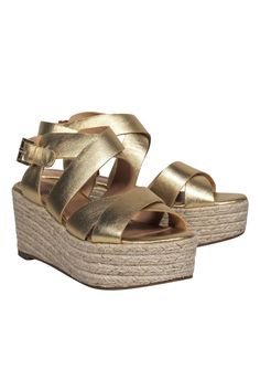 Current Boutique-Joie - Gold Strappy Woven Platform Wedges Sz 9 Gold Open Toe Wedge Sandals For Beach, Vacation Gold Platform Sandals, Gold Platform Sandals For Vacation, Gold Synthetic Wedge Sandals With Platform, Gold Synthetic Wedge Heel Sandals, Gold Round Toe Wedge Sandals For Vacation, Gold Platform Wedge Sandals For Beach, Chic Gold Sandals For Summer, Chic Gold Heels With Woven Sole